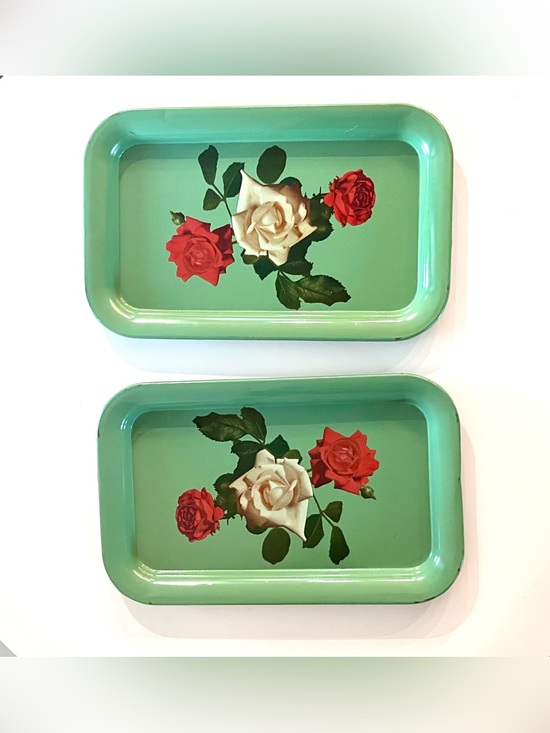 Other - Vintage-Inspired Green Floral Metal Serving Trays - Set of 2